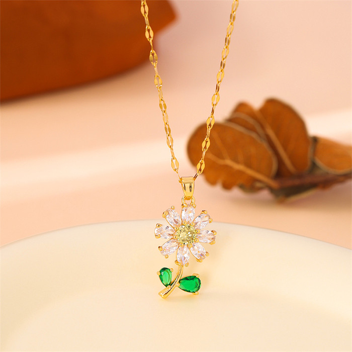 Simple Style Flower Stainless Steel  Plating Inlay Rhinestones 18K Gold Plated Gold Plated Pendant Necklace