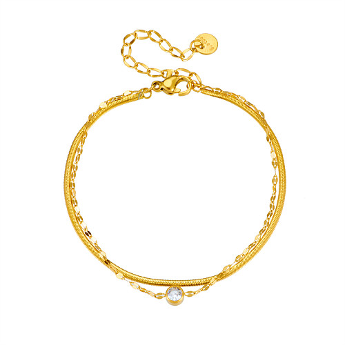 Simple Style Round Titanium Steel Layered Zircon Gold Plated Bracelets