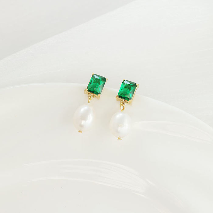 1 Pair Simple Style Square Plating Inlay Stainless Steel  Pearl Zircon 14K Gold Plated Drop Earrings