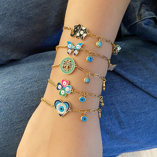 Pulseras de circón turquesa de acero inoxidable con mariposa en forma de corazón, ojo del diablo, estilo Simple, a granel