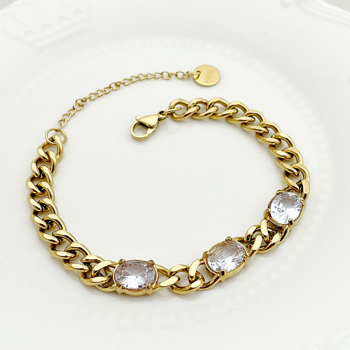 Lady Solid Color Stainless Steel Patchwork Plating Inlay Artificial Diamond Gold Plated Bracelets