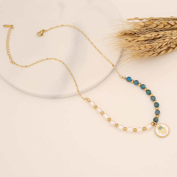 Collar de perlas de piedra natural chapado en acero inoxidable con palma de moda 1 pieza