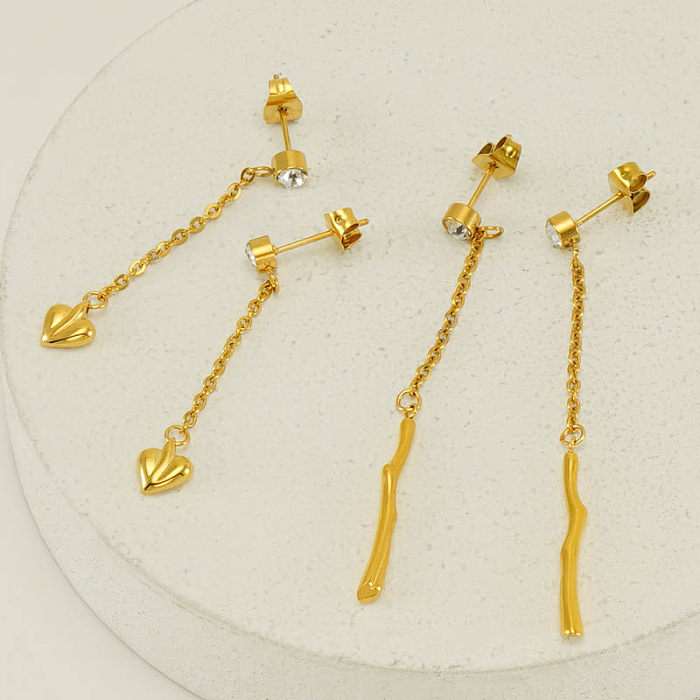 1 Pair Elegant Tassel Heart Shape Plating Inlay Stainless Steel  Zircon 18K Gold Plated Drop Earrings