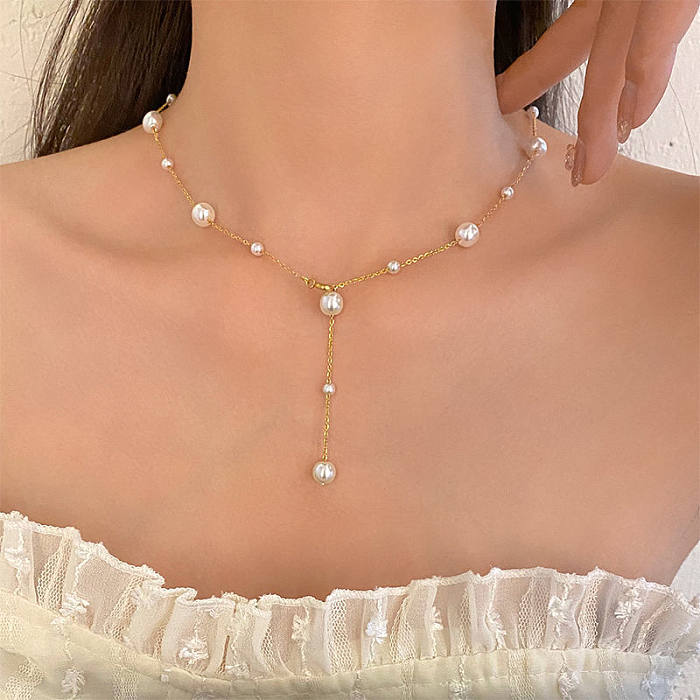 Elegant Geometric Stainless Steel Tassel Artificial Pearls Necklace