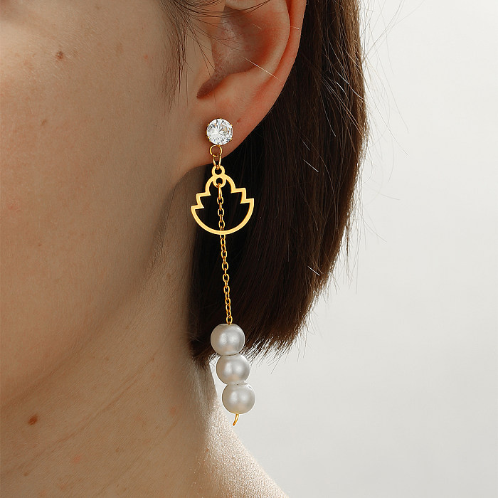 Boucles d'oreilles en acier inoxydable, 1 paire, croix de Style Simple, feuille d'érable en forme de cœur, incrustation de perles, Zircon plaqué or
