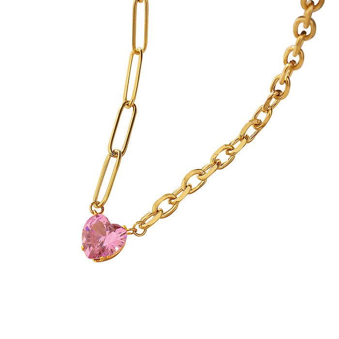 Korean New Trendy Pink Zircon Inlaid Heart Pendant Stainless Steel Necklace