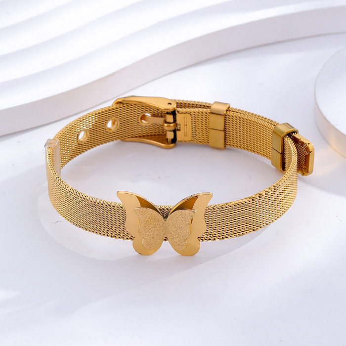 Simple Style Classic Style Four Leaf Clover Number Butterfly Titanium Steel Plating Inlay Shell 24K Gold Plated Bangle