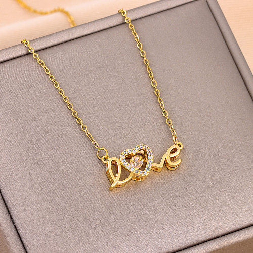Sweet Love Heart Shape Stainless Steel Plating Hollow Out Inlay Zircon 18K Gold Plated Necklace