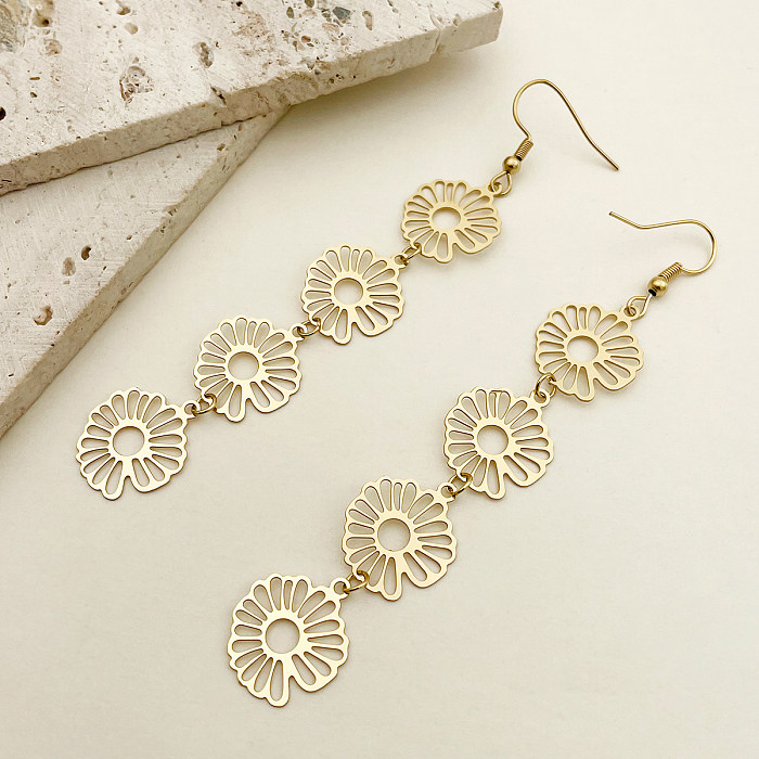 1 paire de boucles d'oreilles pendantes en acier inoxydable plaqué or, Style Vintage, Style romain, fleur de soleil