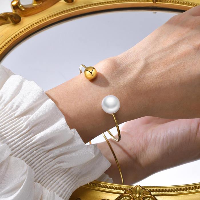 Brazalete de perlas con incrustaciones de acero inoxidable redondo de estilo simple