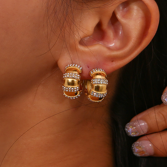 1 Pair Vintage Style C Shape Stainless Steel  Plating Inlay Rhinestones Pearl 18K Gold Plated Ear Studs