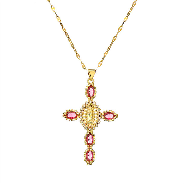Simple Style Commute Human Cross Stainless Steel  Copper Plating Inlay Zircon Gold Plated Pendant Necklace