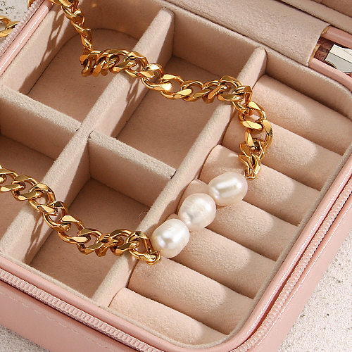 Fashion 18K Gold Plated Three Freshwater Pearls Cuban Link Chain Stainless Steel  Necklace