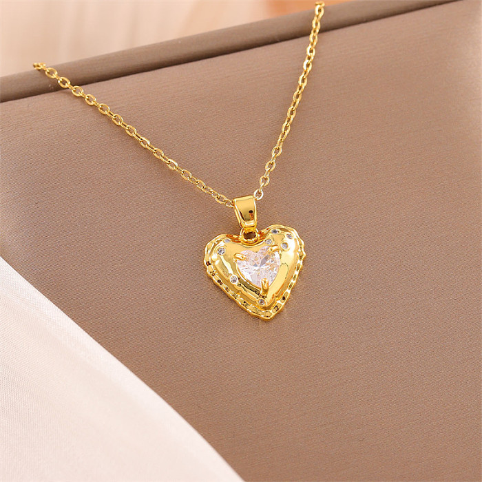 Simple Style Circle Heart Shape Flower Stainless Steel  Stainless Steel Plating Inlay Zircon 18K Gold Plated Pendant Necklace