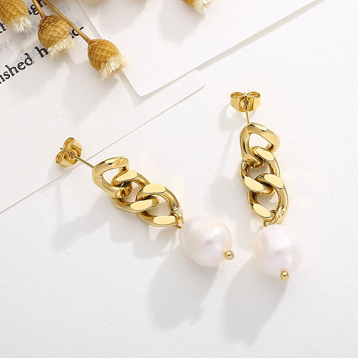 1 Pair Modern Style Simple Style Chain Pearl Plating Stainless Steel  18K Gold Plated Drop Earrings
