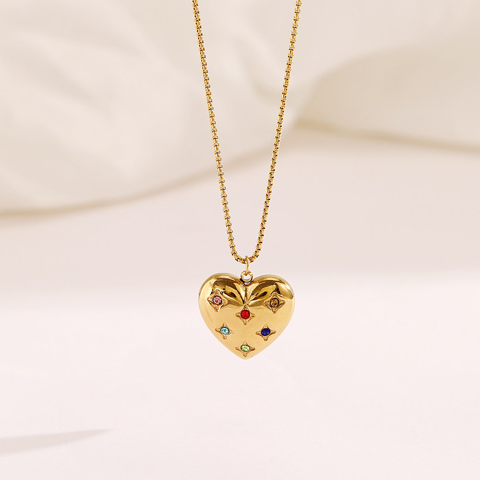 Casual estilo simples forma de coração chapeamento de aço inoxidável inlay zircon 18k banhado a ouro pingente colar longo colar