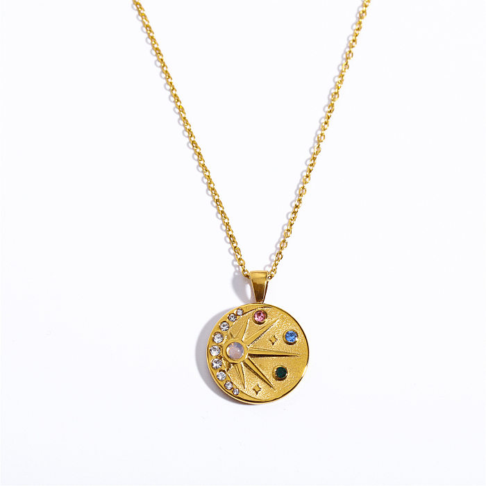 Retro Simple Style Round Star Stainless Steel Plating Inlay Zircon 18K Gold Plated Pendant Necklace