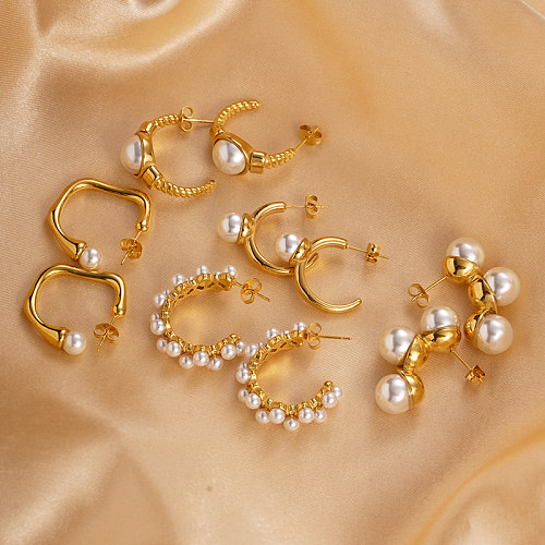 1 Paar Urlaubs-Ohrringe im modernen Stil, C-Form, quadratische Beschichtung, Inlay aus Edelstahl, künstliche Perlen, vergoldet