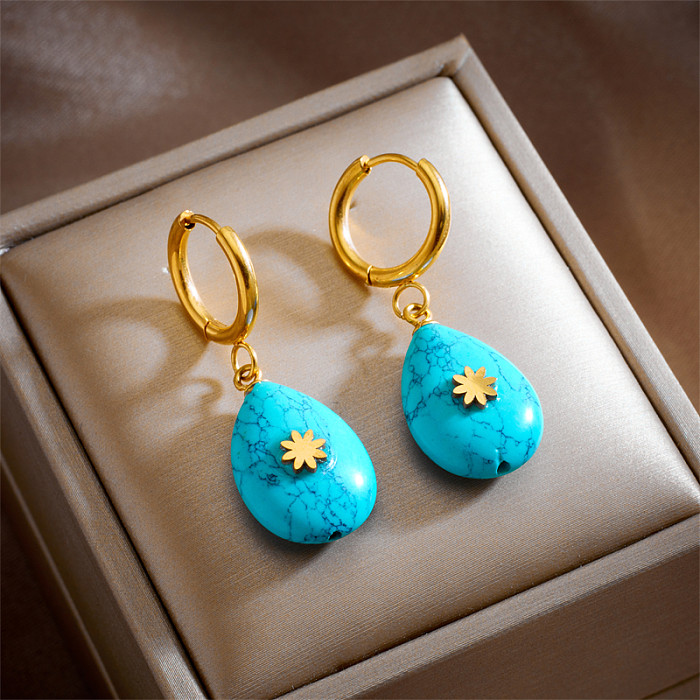 Fashion Water Droplets Stainless Steel Inlay Turquoise Drop Earrings 1 Pair
