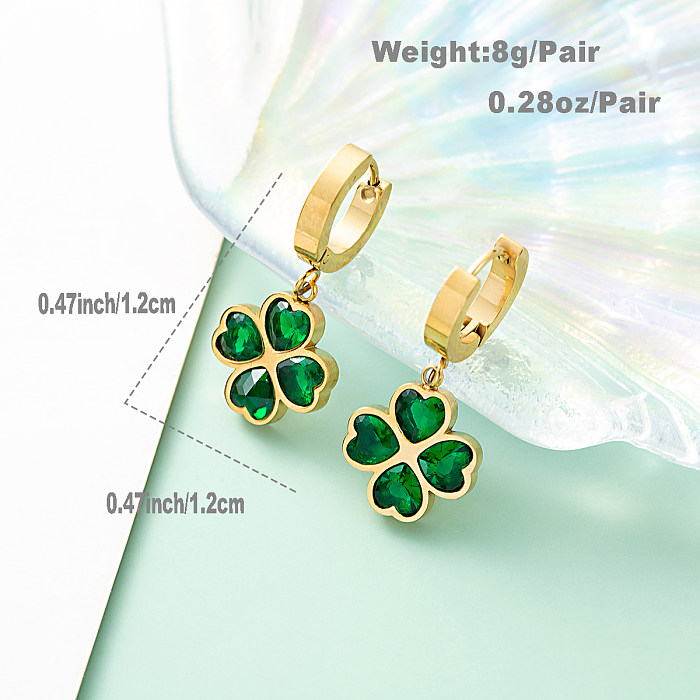 1 Pair Fashion Four Leaf Clover Heart Shape Stainless Steel Patchwork Inlay Diamond Drop Earrings