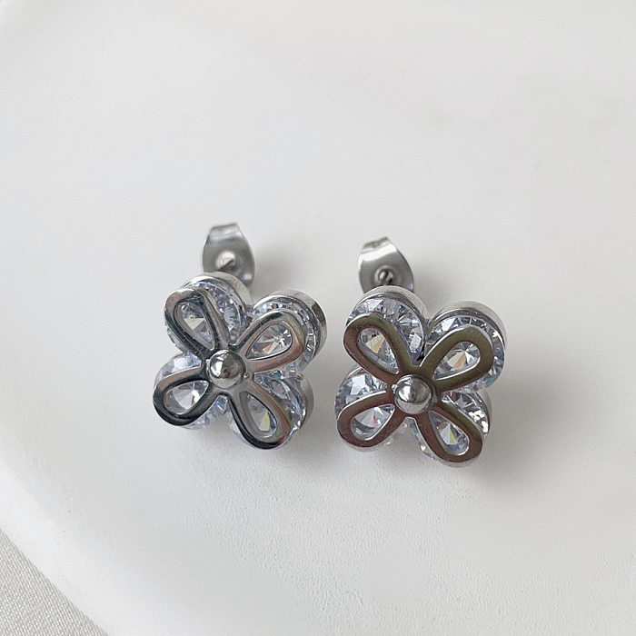 1 Pair IG Style Sweet Flower Plating Inlay Stainless Steel Zircon Ear Studs