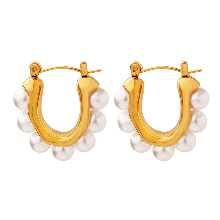 Großhandel 1 Paar U-förmige, 18 Karat vergoldete Perlen-Creolen aus Edelstahl im römischen Stil für den Urlaub