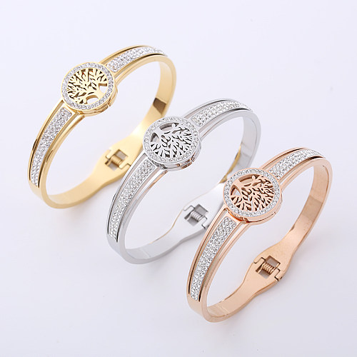 Fashion Tree Stainless Steel Hollow Out Rhinestones Bangle 1 Piece
