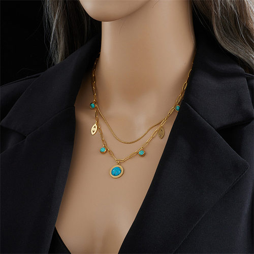 Vintage Style Round Eye Stainless Steel Enamel Plating Inlay Turquoise 18K Gold Plated Layered Necklaces
