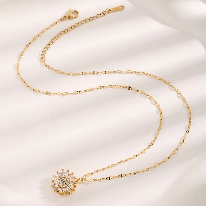 Glam Luxurious Simple Style Flower Stainless Steel Plating Inlay Zircon Gold Plated Pendant Necklace