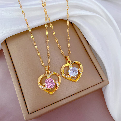 Fashion Heart Shape Stainless Steel Copper Inlay Artificial Diamond Pendant Necklace