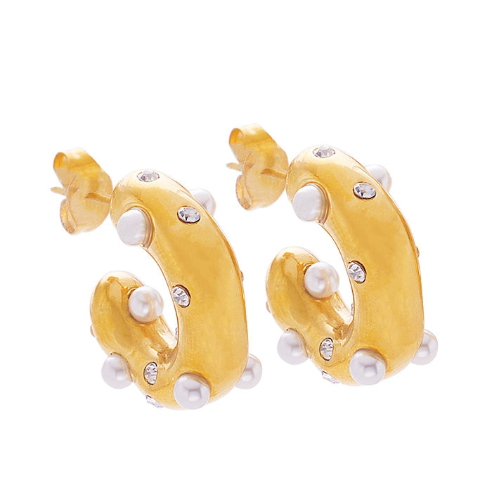 1 paire de clous d'oreilles en acier inoxydable, Style Simple, incrustation de couleur unie, perle et Zircon