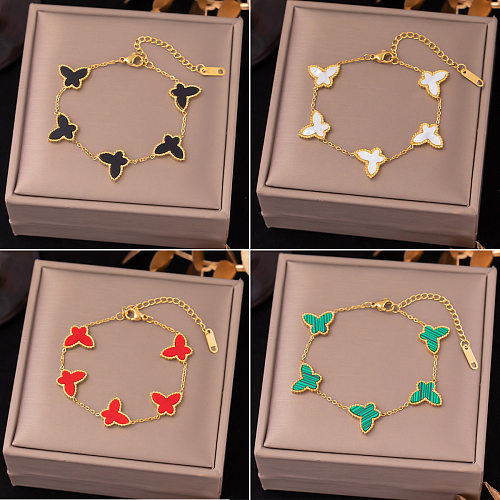Süße Butterfly-Armbänder mit Titanstahlbeschichtung und Inlay-Muschel, 18 Karat vergoldet