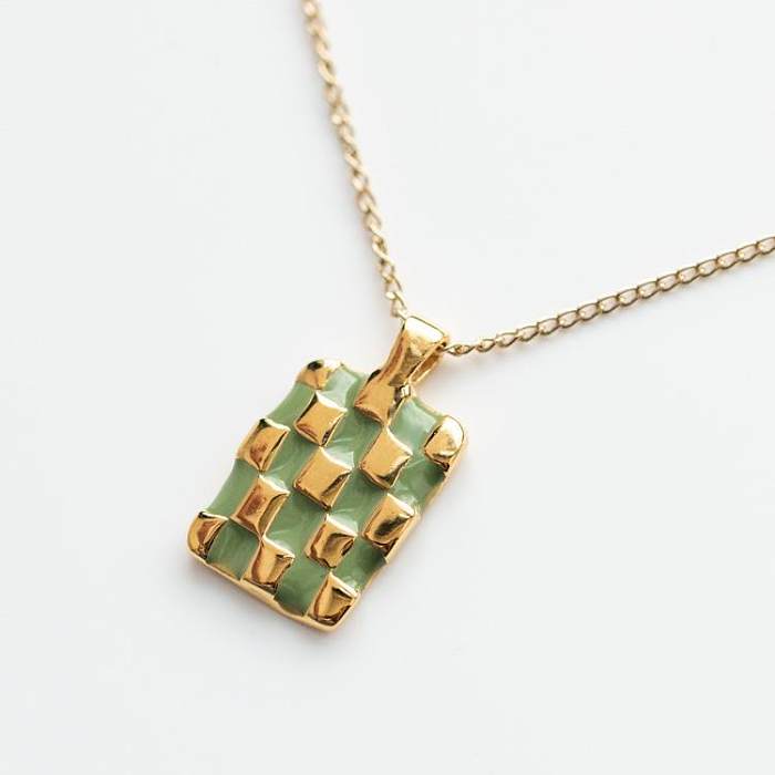 Fashion Plaid Rectangle Stainless Steel  Enamel Gold Plated Pendant Necklace 1 Piece