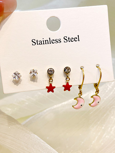 1 conjunto casual doce estilo simples estrela lua esmalte chapeamento incrustação de aço inoxidável pérolas artificiais zircão banhado a ouro orelha studs