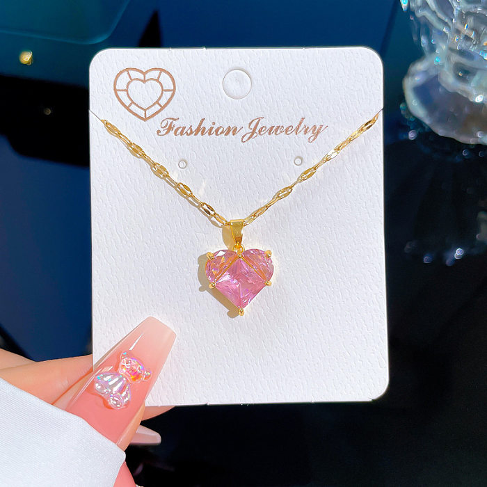 Simple Style Heart Shape Stainless Steel Copper Inlay Zircon Necklace