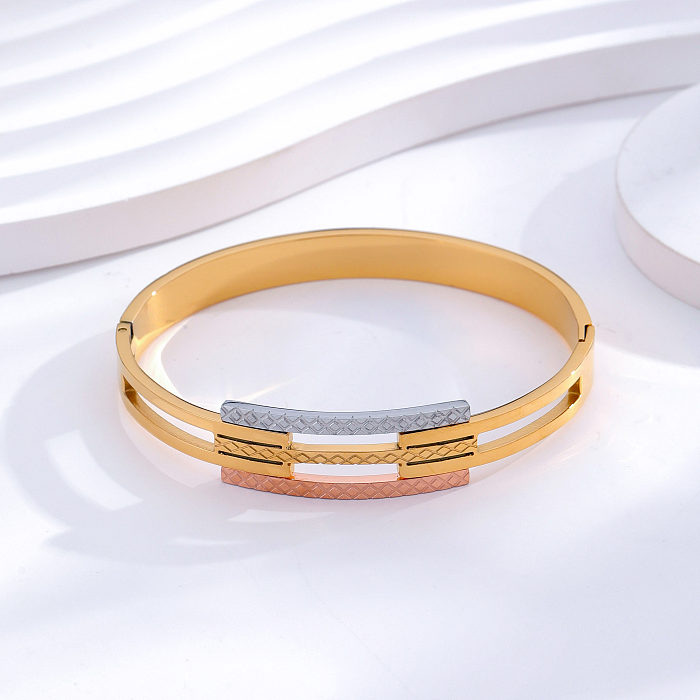 Simple Style Classic Style Human Round Number Titanium Steel Epoxy Plating Inlay Opal Zircon 24K Gold Plated Bangle