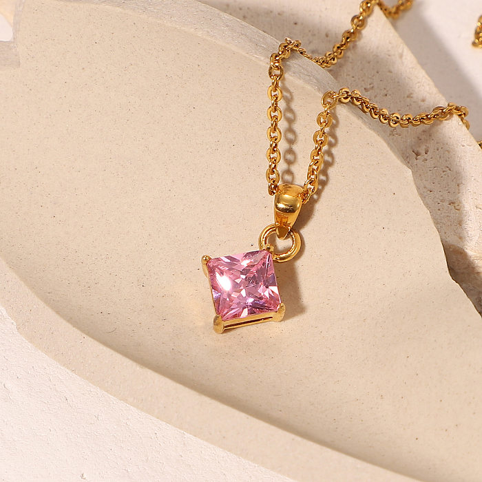 Moda geométrica banhada a ouro aço inoxidável rosa diamante zircão colar