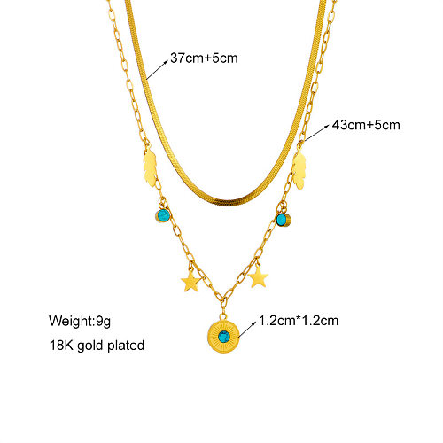 Vintage Style Pentagram Round Leaves Stainless Steel Enamel Plating Inlay Turquoise 18K Gold Plated Layered Necklaces