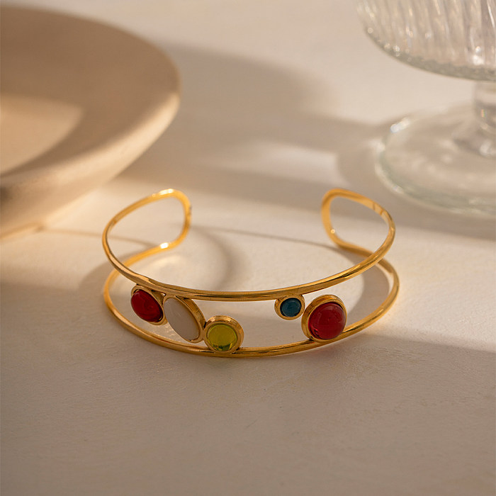 Bracelet plaqué or 18 carats avec incrustation de pierres précieuses artificielles, style Simple, rond et ovale, en acier inoxydable