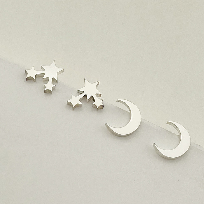 2 Pairs Sweet Simple Style Star Moon Polishing Stainless Steel  Ear Studs