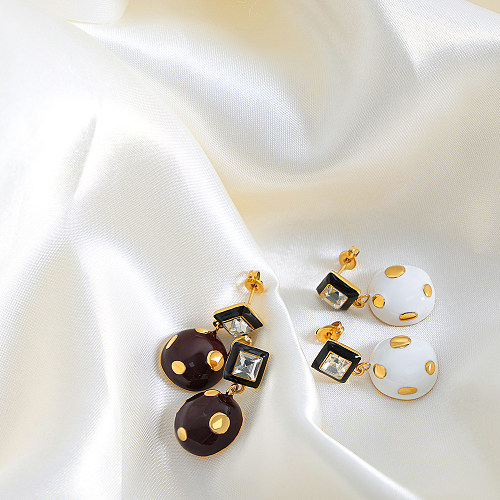 1 Paar lässige, schlichte, runde, quadratische, gepunktete, emaillierte Inlay-Ohrringe aus Edelstahl mit Zirkon und 18 Karat vergoldetem Ohrhänger