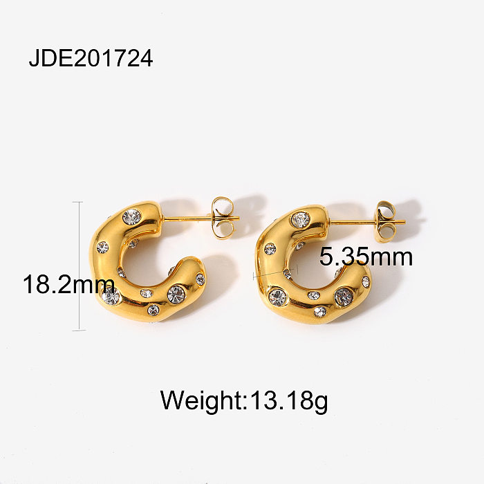 Special-shaped Hammer Pattern Inlaid Zirconium C-shaped Earrings 18K Gold-plated Stainless Steel  Earrings