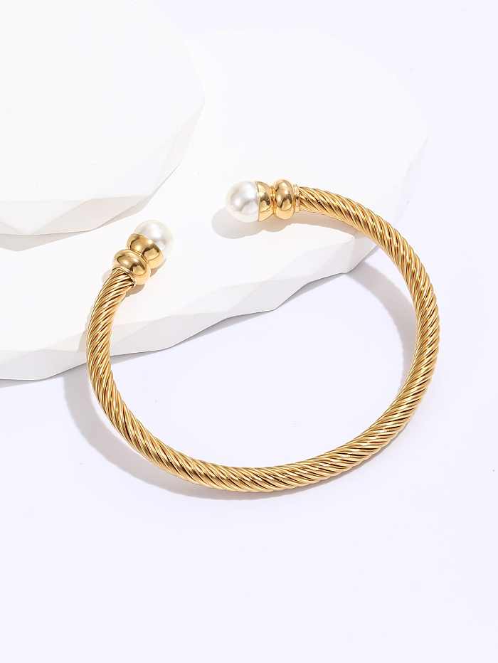 Fashion Simple Stainless Steel Electroplated 18K Gold Wire Woven Pearl C- Shaped Open Bracelet