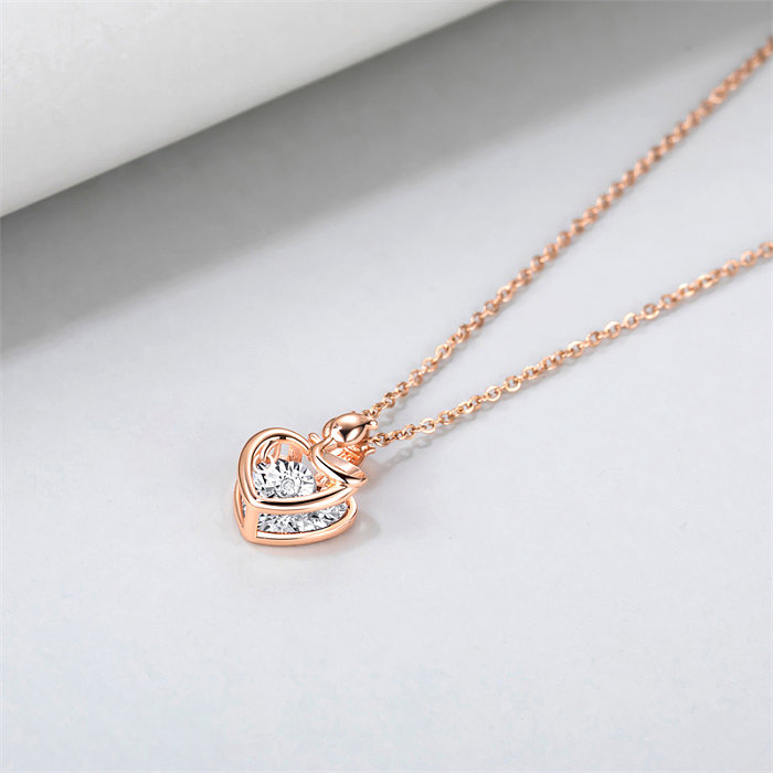 Collier pendentif en acier inoxydable en forme de cœur, Style Simple, polissage, incrustation de diamant, plaqué or Rose