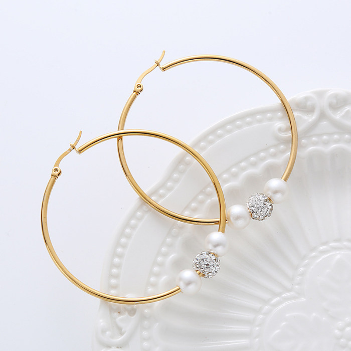 1 Pair Elegant Fashion Simple Style Pearl Stainless Steel  Beaded Plating Inlay Artificial Diamond Hoop Earrings
