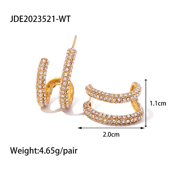 Simple Style C Shape Stainless Steel  Layered Inlay Pearl Zircon Ear Studs 1 Pair