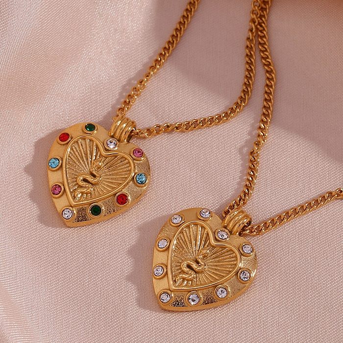 Collier pendentif plaqué or 18 carats avec incrustation de strass en acier inoxydable en forme de cœur et de soleil de style vintage