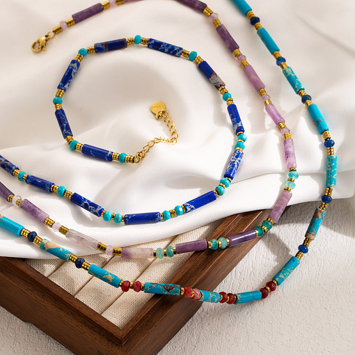 Süße geometrische Edelstahl-Perlen-Naturstein-Anhänger-Halskette mit 14-Karat-Vergoldung