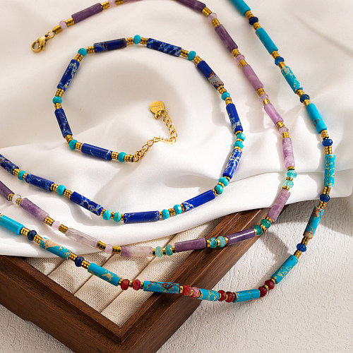 Collier avec pendentif en pierre naturelle et perles en acier inoxydable, plaqué or 14 carats, forme géométrique douce