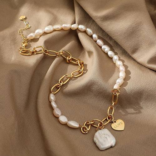 Schlichter Stil, Edelstahl, Buchstabenmuster, Herzform, gedrehte Halskette, künstliche Perle, Edelstahl-Halsketten
